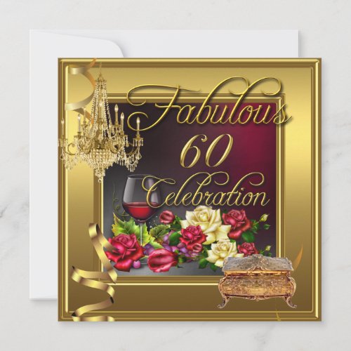 Fabulous 60 Celebration 60th Gold Red Roses Wine Invitation