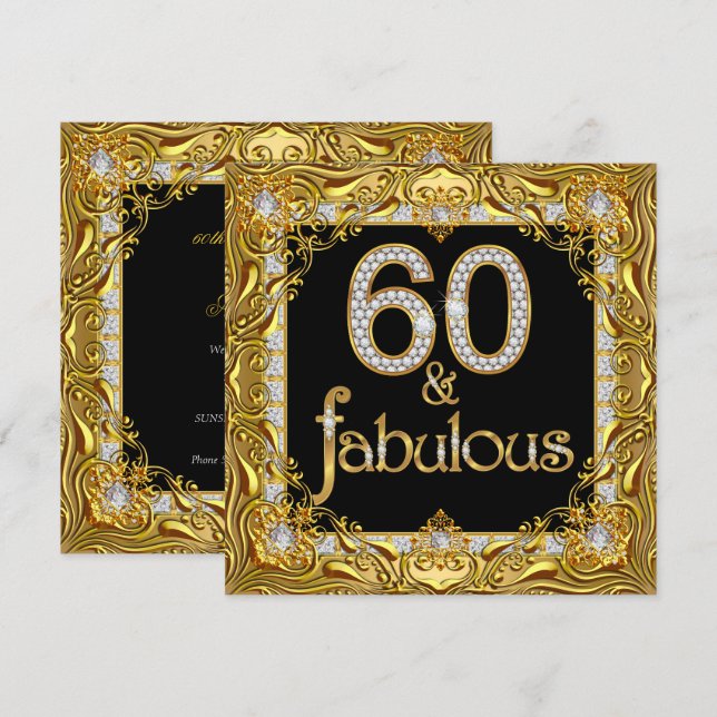 Fabulous 60 Gold Diamond Black 60th Birthday Party Invitation (Front/Back)