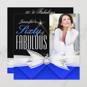 Fabulous 60 Photo Blue Elegant Birthday Party 3 Invitation