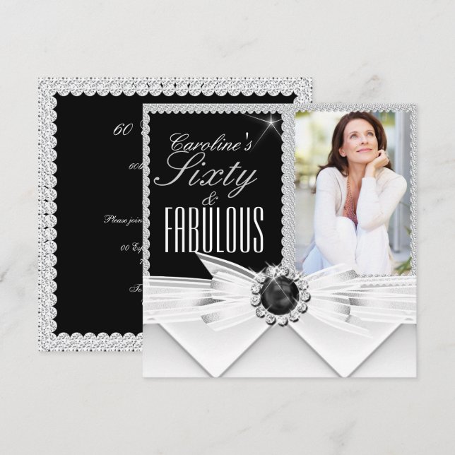 Fabulous 60 Photo Elegant Black White Birthday 3 Invitation (Front/Back)