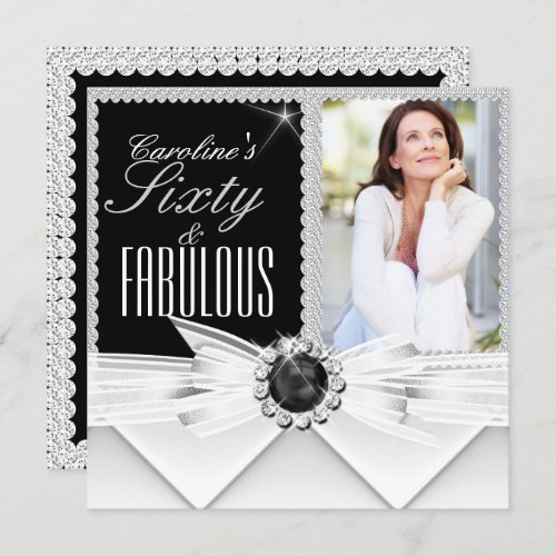 Fabulous 60 Photo Elegant Black White Birthday 3 Invitation