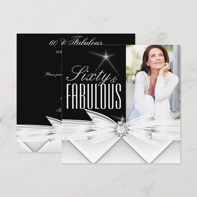 Fabulous 60 Photo Elegant Black White Birthday Invitation (Front/Back)