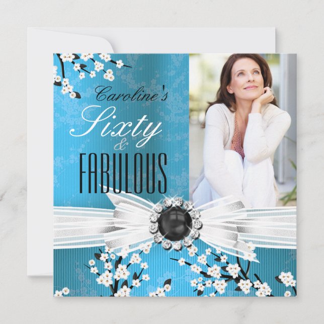 Fabulous 60 Photo Elegant Blue Blossom Birthday 2 Invitation (Front)