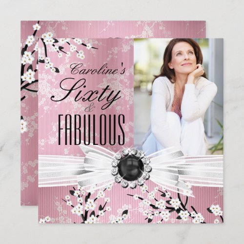 Fabulous 60 Photo Elegant Pink Blossom Birthday 2 Invitation