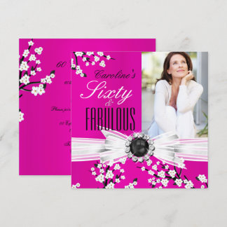 Fabulous 60 Photo Elegant Pink Blossom Birthday Invitation