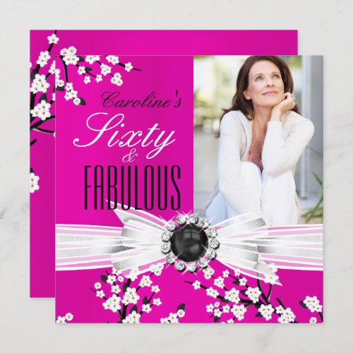 Fabulous 60 Photo Elegant Pink Blossom Birthday Invitation