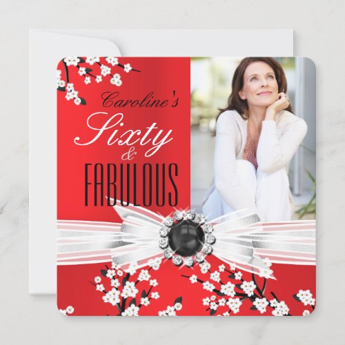 Fabulous 60 Photo Elegant Red Blossom Birthday Invitation