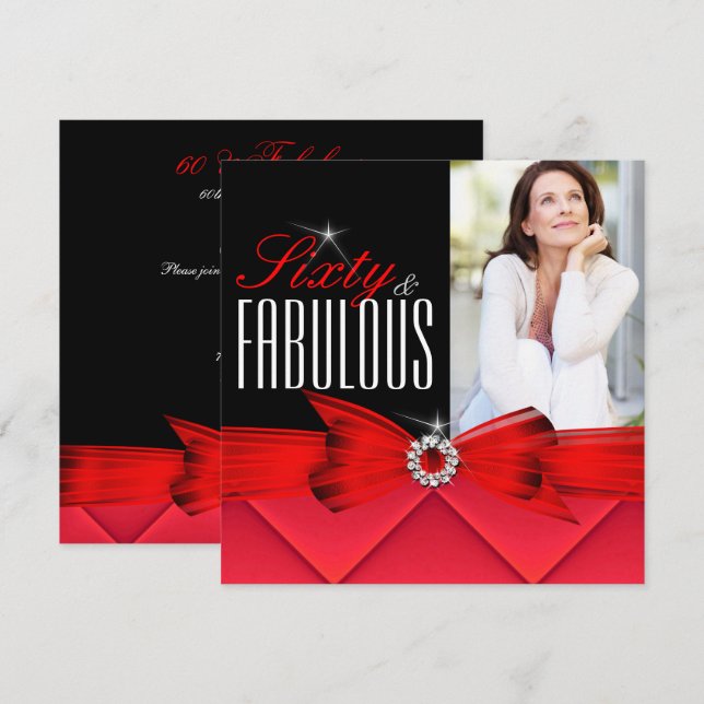 Fabulous 60 Photo Red Black Elegant Birthday Invitation (Front/Back)