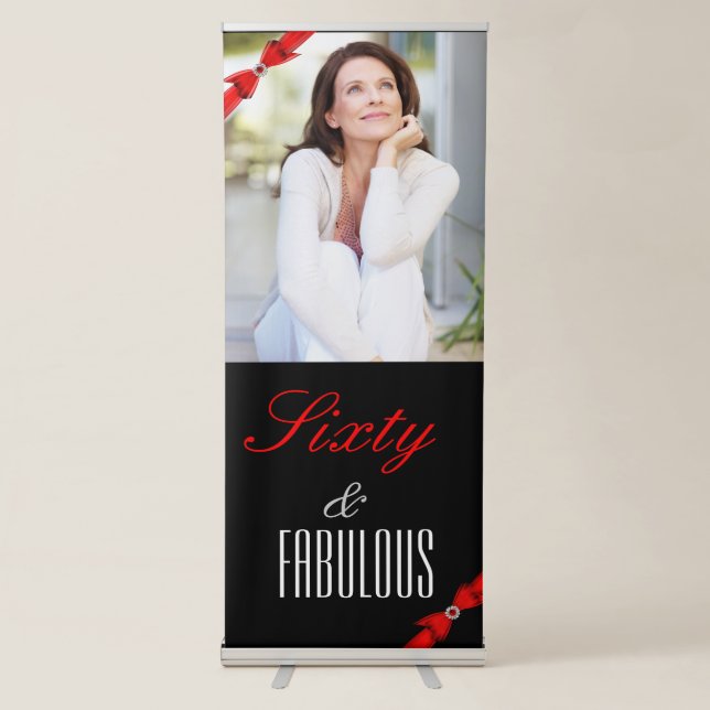 Fabulous 60 Photo Red Black Elegant Birthday Retractable Banner (Front)