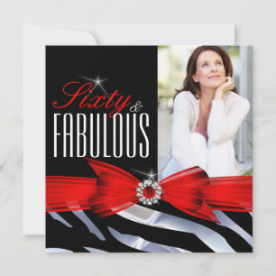 Fabulous 60 Photo Red Zebra Black White Birthday Invitation