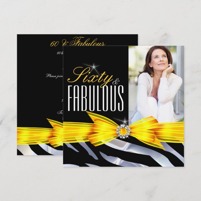 Fabulous 60 Photo Yellow Zebra Black Birthday Invitation (Front/Back)