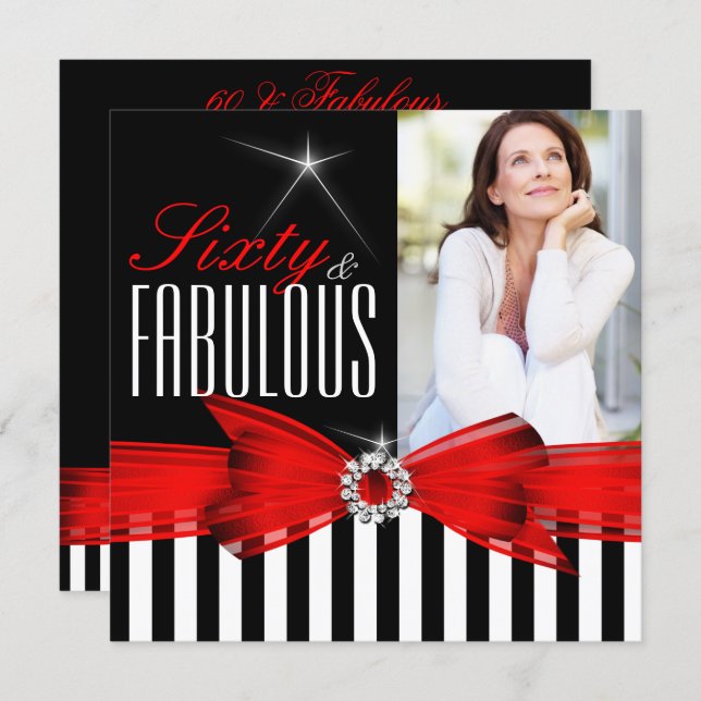 Fabulous 60 Red Black White Stripe Birthday Party Invitation (Front/Back)