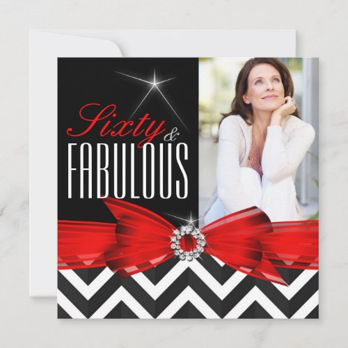 Fabulous 60 Red Chevron Black White Birthday Invitation