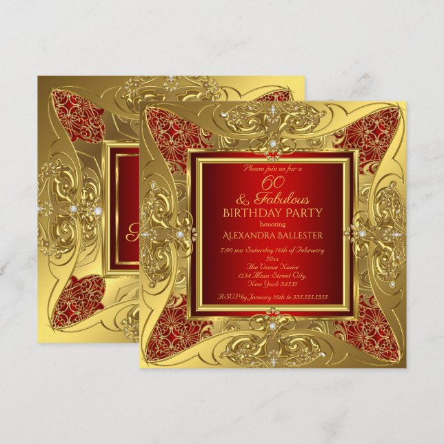 Fabulous 60 Red Gold Birthday Party Diamond Invitation (Front/Back)