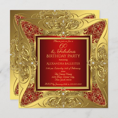 Fabulous 60 Red Gold Birthday Party Diamond Invitation