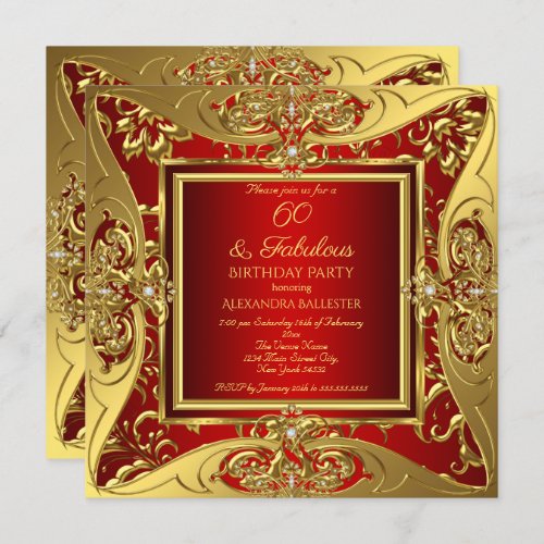 Fabulous 60 Red Gold Floral Birthday Party Invitation