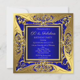 Fabulous 60 Royal Blue Gold Floral Birthday Party Invitation | Zazzle