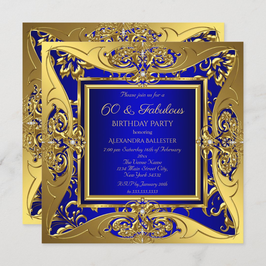 Fabulous 60 Royal Blue Gold Floral Birthday Party Invitation 