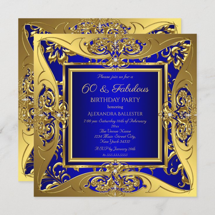 Fabulous 60 Royal Blue Gold Floral Birthday Party Invitation | Zazzle