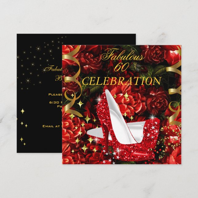 Fabulous 60 Woman's Red Gold High Heels Floral Invitation (Front/Back)
