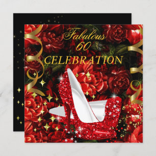 Fabulous 60 Woman's Red Gold High Heels Floral Invitation