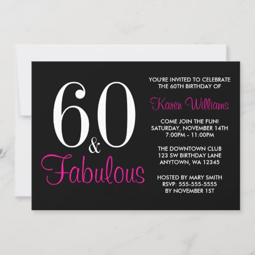 Fabulous 60th Black Pink Birthday Party Invitation