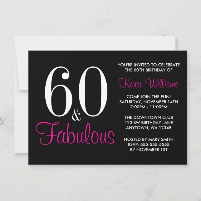 Fabulous 60th Black Pink Birthday Party Invitation (Front)