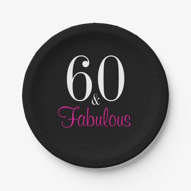 Fabulous 60th Black Pink Birthday Party Paper Plates (Front)