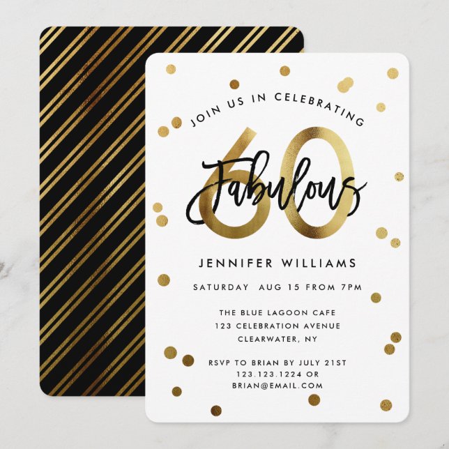 Fabulous 60th | Modern Elegant Gold Birthday Party Invitation (Front/Back)