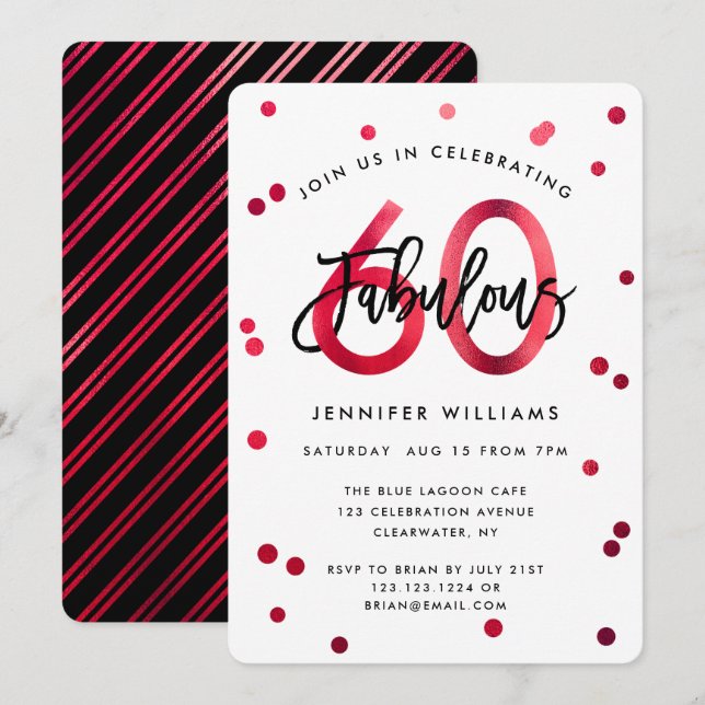 Fabulous 60th | Modern Elegant Red Birthday Party Invitation (Front/Back)