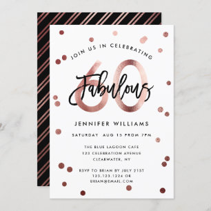 Fabulous 60th   Modern Rose Gold Brushed Birthday Invitation