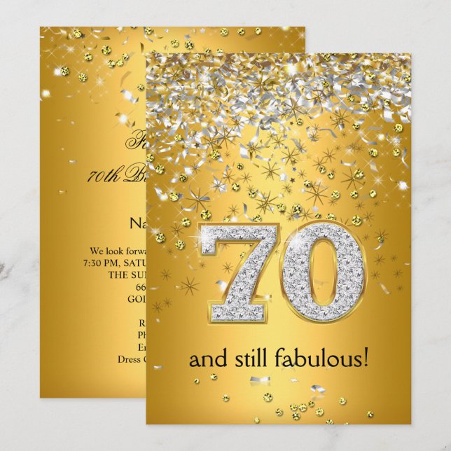 Fabulous 70 Gold Silver Streamers 70th Birthday Invitation (Front/Back)