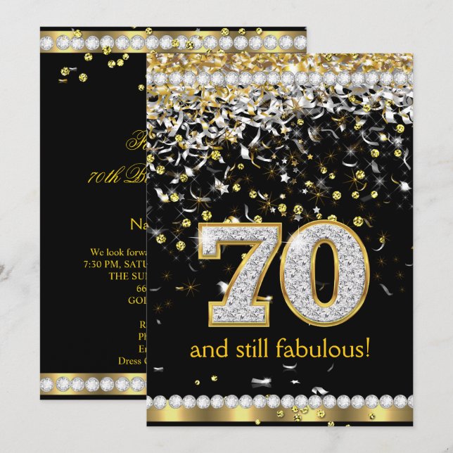 Fabulous 70 Gold Silver Streamers 70th Party Invitation (Front/Back)