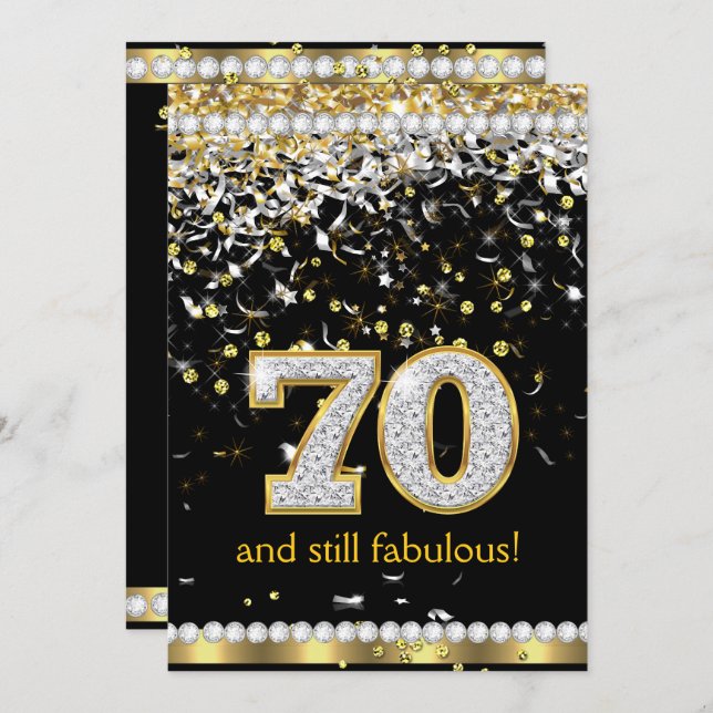 Fabulous 70 Gold Silver Streamers 70th Party Invitation (Front/Back)