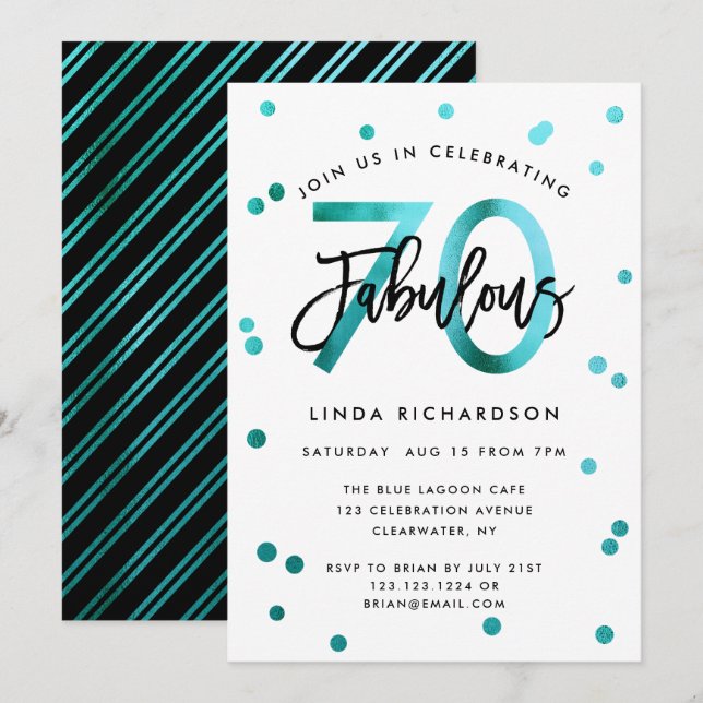 Fabulous 70th | Modern Elegant Teal Birthday Party Invitation (Front/Back)