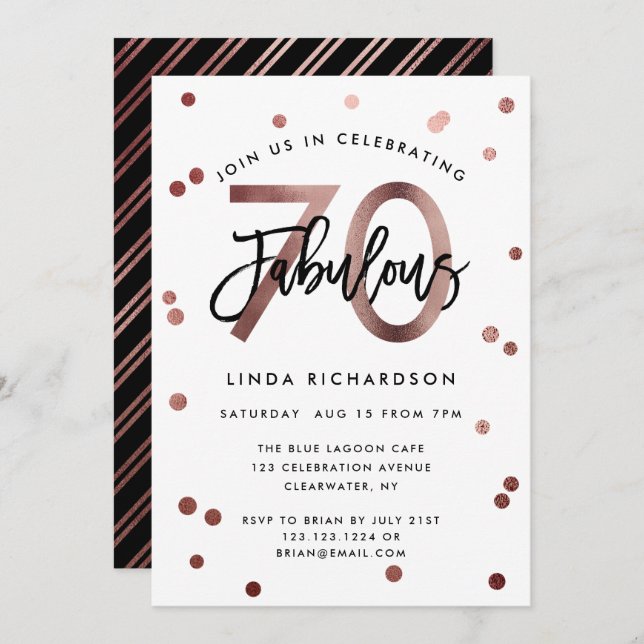 Fabulous 70th | Modern Rose Gold Birthday Party Invitation (Front/Back)