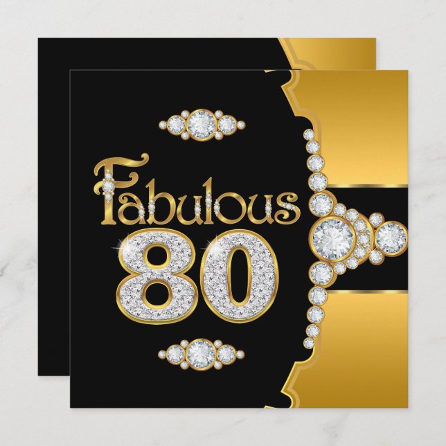 Fabulous 80 80th Birthday Gold Black Diamond Invitation (Front/Back)