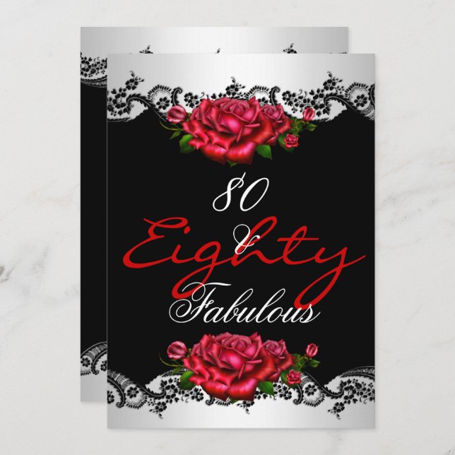 Fabulous 80 80th Birthday Party Red Roses White Invitation (Front/Back)