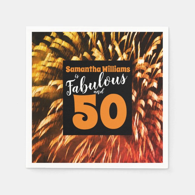 Fabulous and 50 Fireworks Orange Birthday Napkins (Front)
