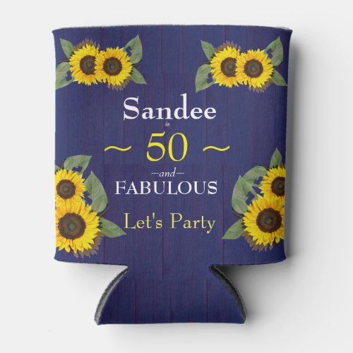 Fabulous and Fifty Birthday Modern Blue Sunflower Can Cooler