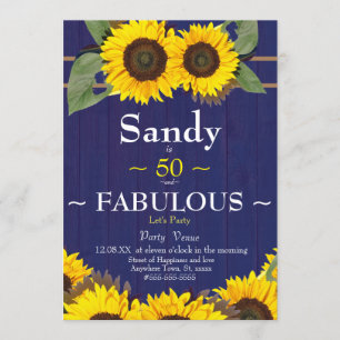 Fabulous and Fifty Birthday Modern Blue Sunflower Invitation