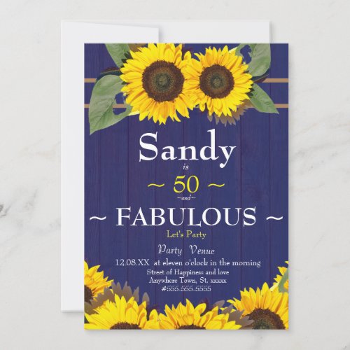 Fabulous and Fifty Birthday Modern Blue Sunflower Invitation
