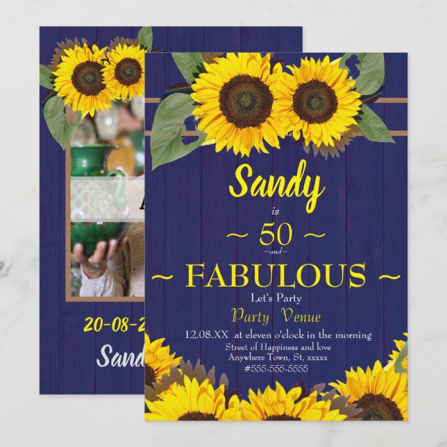 Fabulous and Fifty Birthday Modern Blue Sunflower Invitation (Front/Back)