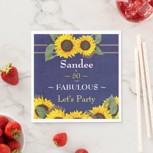 Fabulous and Fifty Birthday Modern Blue Sunflower Napkins