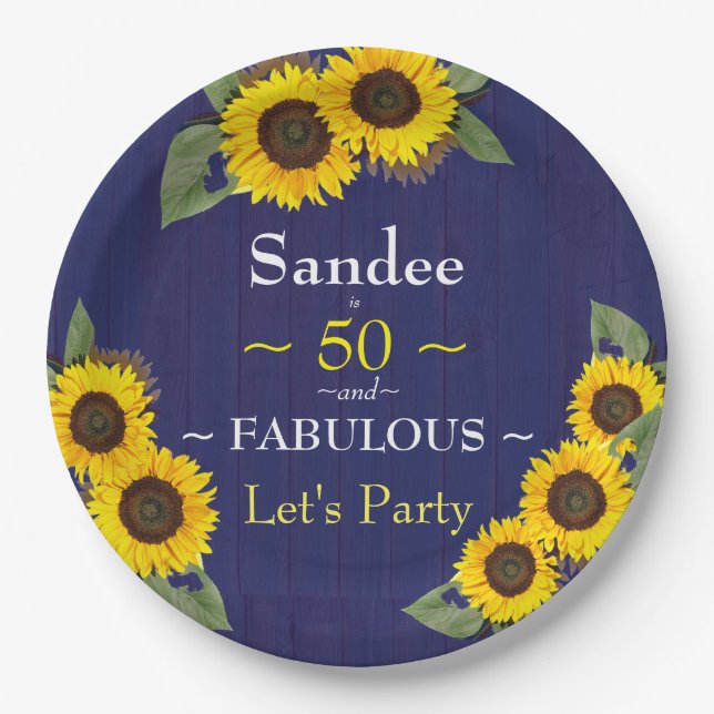 Fabulous and Fifty Birthday Modern Blue Sunflower Paper Plates (Front)
