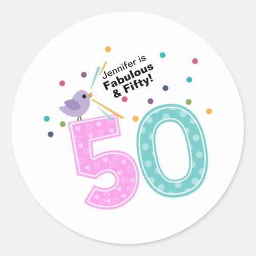 Fabulous and Fifty Pink and Blue Birthday Classic Round Sticker