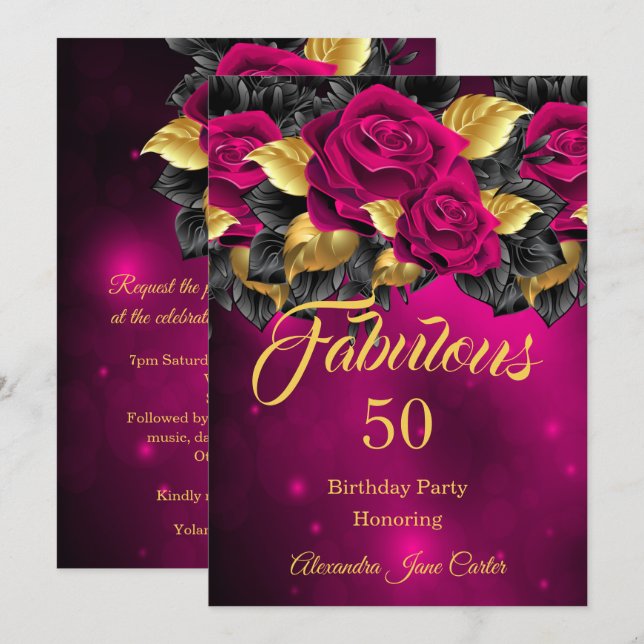 Fabulous Any Age Birthday Dark Pink Rose Gold Invitation (Front/Back)