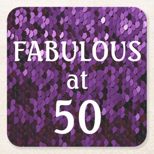 Fabulous at 50 Purple Mermaid Scales Birthday Squa Square Paper Coaster