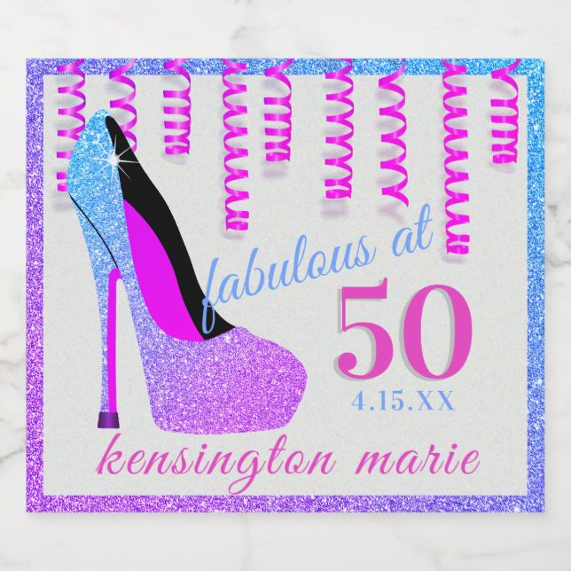 Fabulous At 50 Sparkly Sparkling Wine Bottle Label (Single Label)