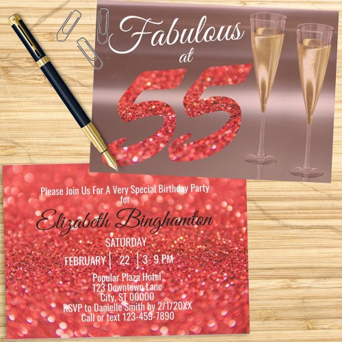 Fabulous at 55 Girly Birthday Coral Glitter Party Invitation
